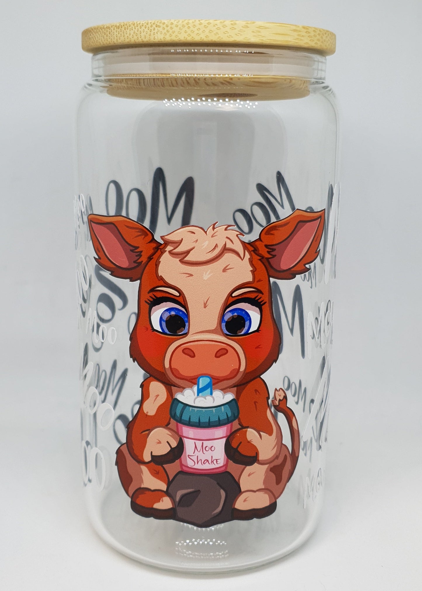 Clear tumbler with a cartoon character design on a white background