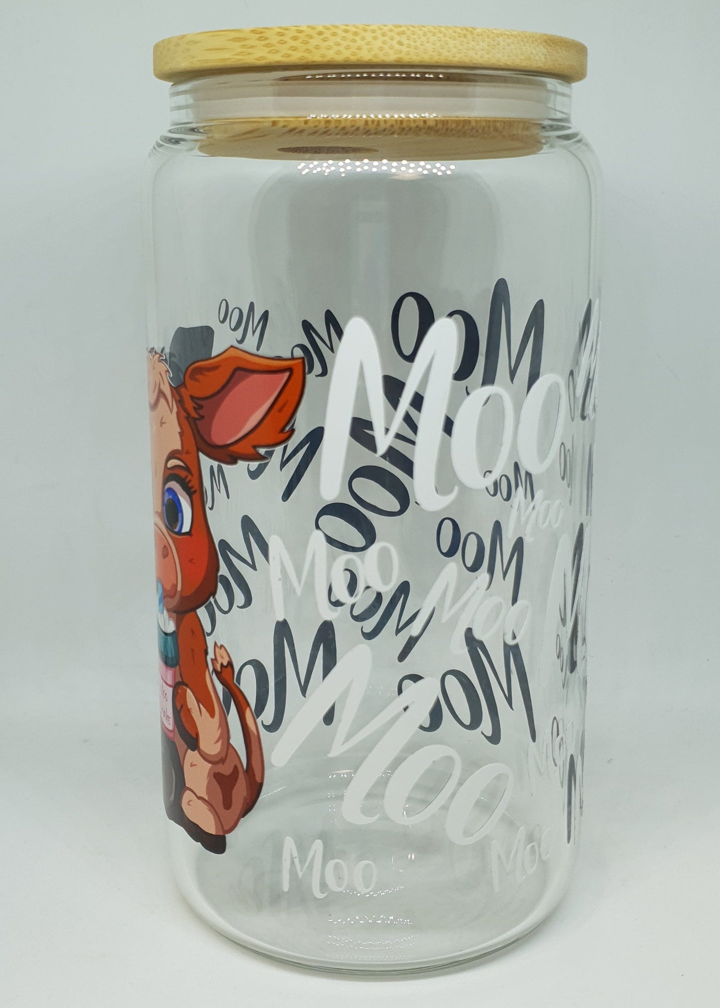 Clear tumbler with cartoon character and text on a white background
