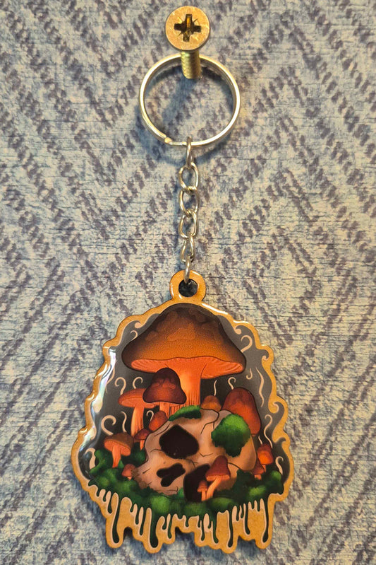 🍄 Skull & Spores Wooden Keyring