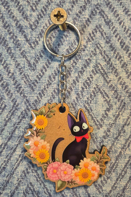 🌙 Floral Feline Wooden Keyring