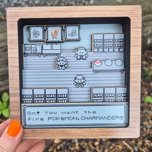 Small screen displaying a pixelated game interface held by a hand outdoors.